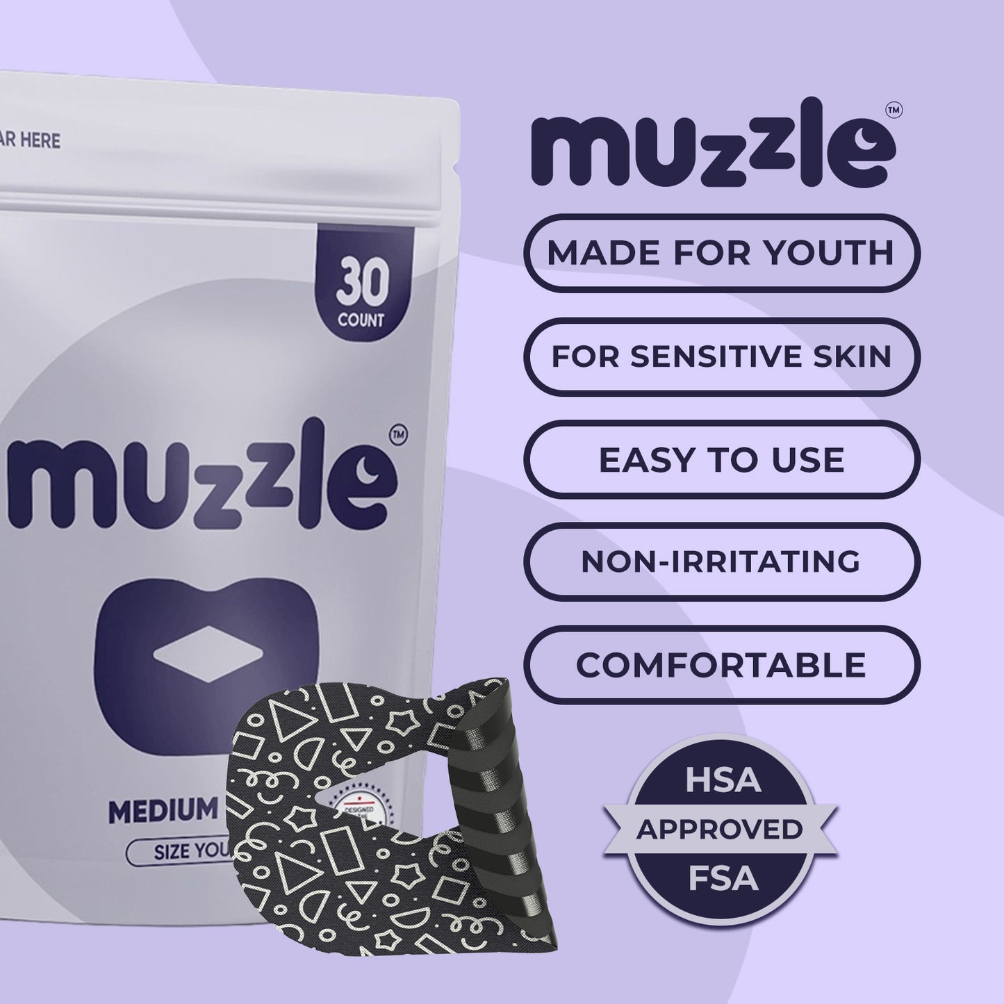Muzzle® Mouth Tape for Youth (Medium Hold) – 30 Count