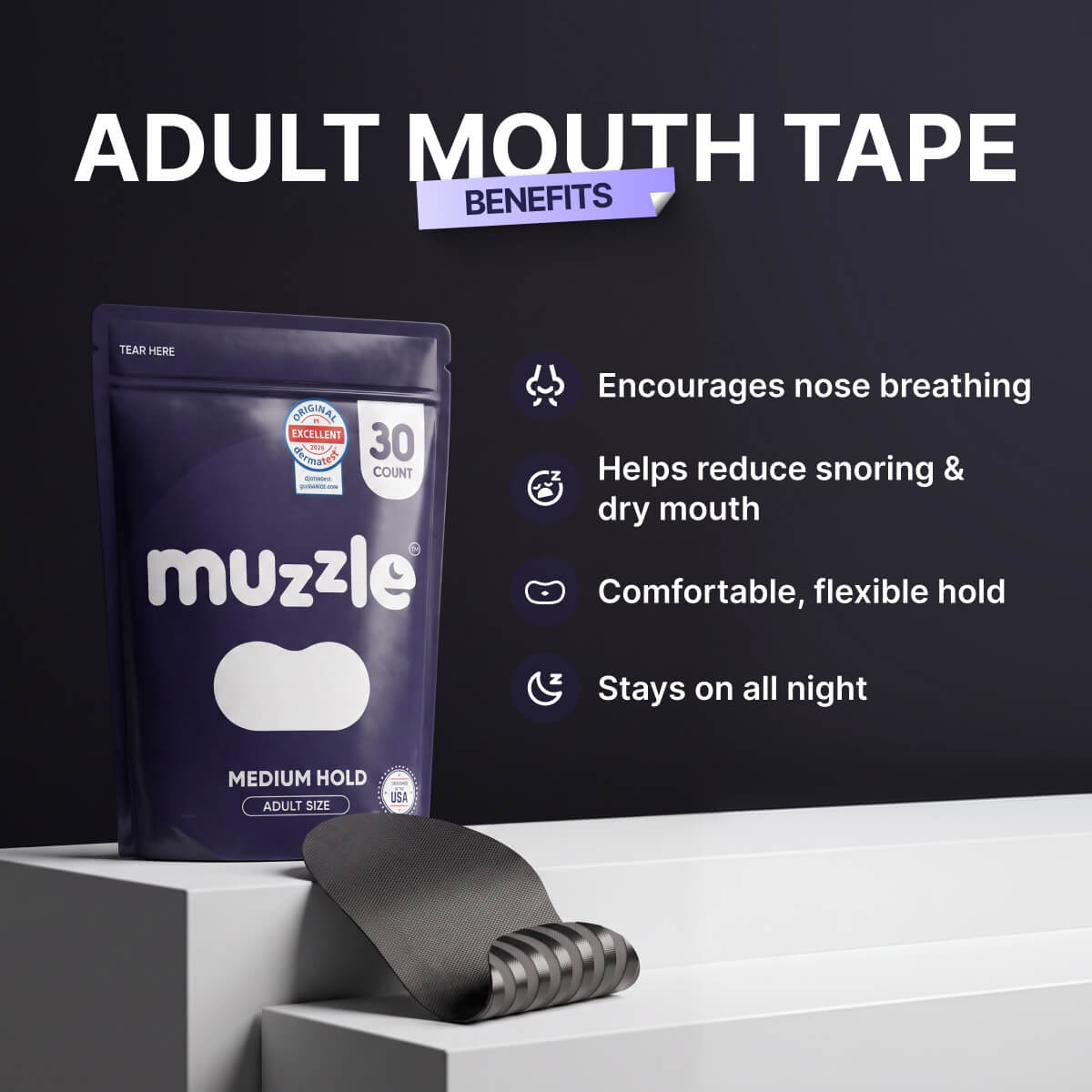 Muzzle® Mouth Tape for Adults (Strong Hold) - Dev