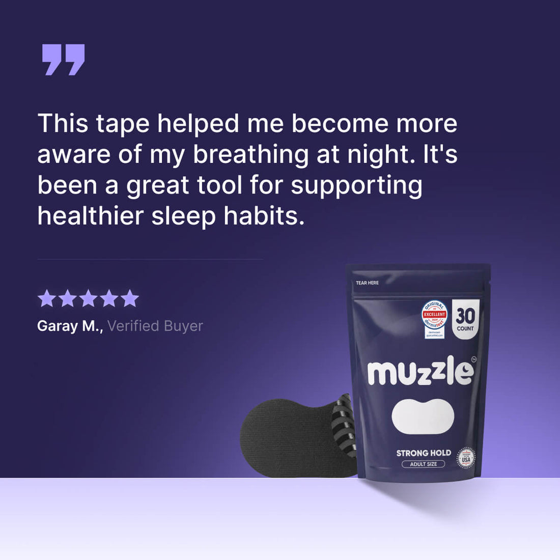 A product listing graphic for Muzzle sleep tape. The image features a dark purple background with a customer testimonial quote on the left and the product packaging (a dark blue pouch) and a black tape roll on the right.
