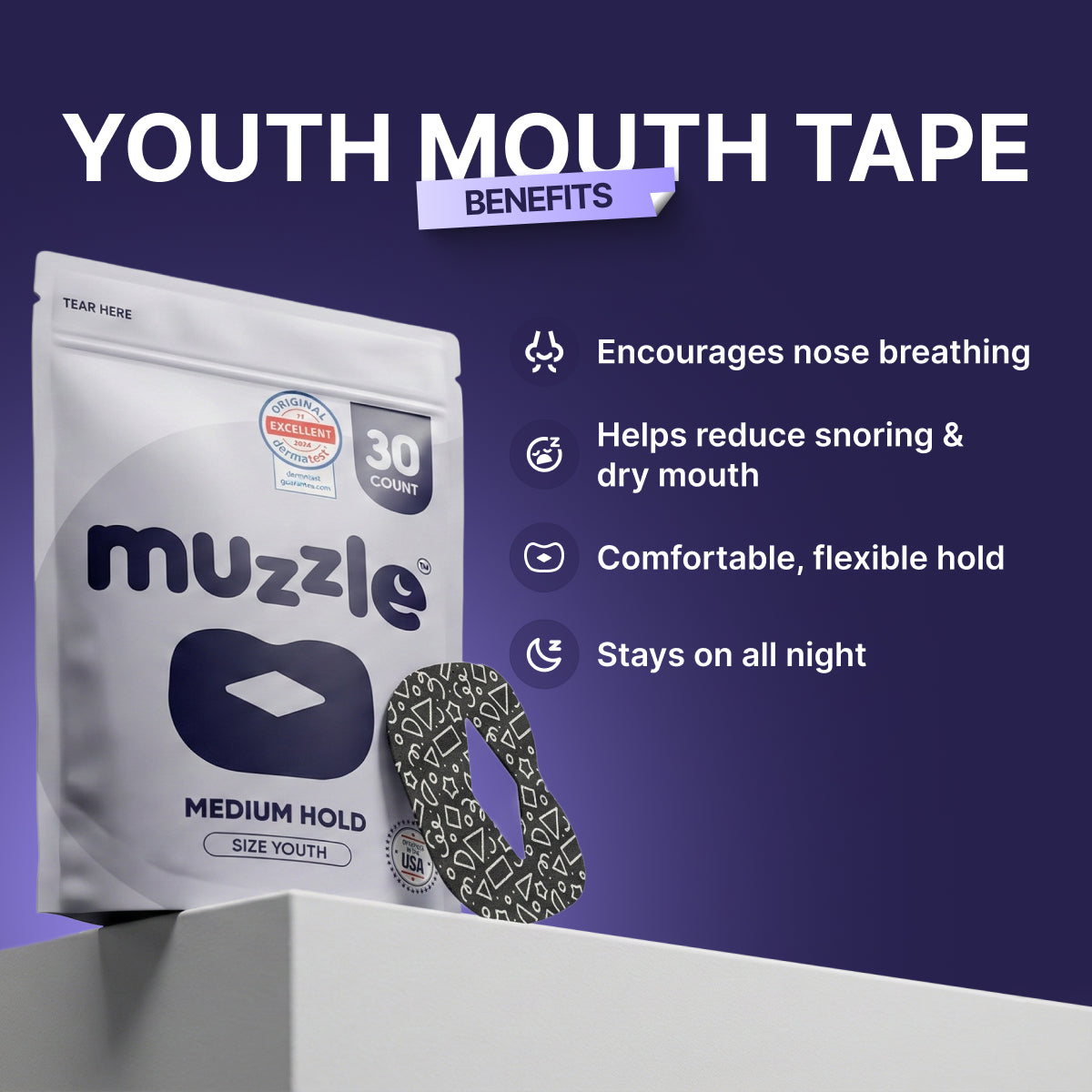 Muzzle® Mouth Tape For Youth (Medium Hold)